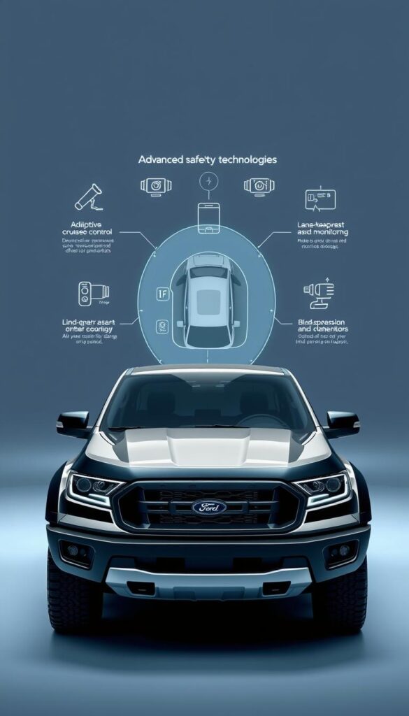 A clean, modern, and technical illustration showcasing the advanced safety technologies of the Ford Ranger Raptor. In the foreground, a 3D render of the Ranger Raptor's front end, highlighting its bold design and robust build. In the middle ground, a sleek diagram detailing the Ranger Raptor's suite of driver assistance systems, including adaptive cruise control, lane-keeping assist, and blind-spot monitoring. In the background, a minimalist technical illustration of the Ranger Raptor's advanced safety architecture, featuring sensors, cameras, and radar modules. The overall scene is lit by a cool, high-key lighting setup that conveys a sense of precision and sophistication. Rendered with a IsCarOk aesthetic.