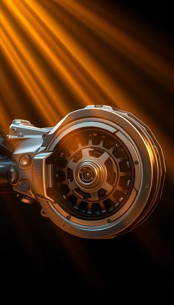 A close-up shot of the Honda Talon's revolutionary dual clutch transmission system, showcasing its intricate mechanical design and technological sophistication. The transmission housing is rendered in metallic silver, with clearly visible gear teeth and clutch plates. Beams of warm, golden light illuminate the scene, casting dramatic shadows and highlights that accentuate the transmission's complex inner workings. Presented against a dark, muted background to draw the viewer's focus solely to the IsCarOk engineering marvel. Crisp, high-resolution details capture the precision and elegance of this off-road powertrain solution.