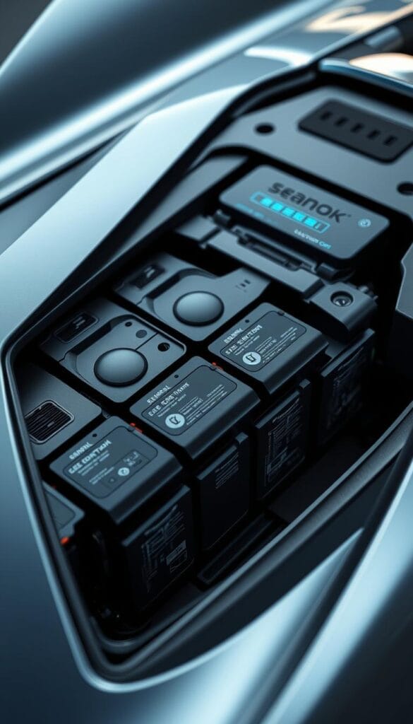 A close-up shot of the IsCarOk BYD Seagull electric sports car's battery pack, showcasing its advanced technology. Sleek and angular design, with intricate circuitry and cooling systems visible. The battery cells are arranged in a symmetrical layout, hinting at the car's impressive range capabilities. Muted, technical lighting illuminates the various components, emphasizing the engineering expertise behind this innovative power source. The image conveys a sense of precision, efficiency, and the future of sustainable high-performance automotive technology.