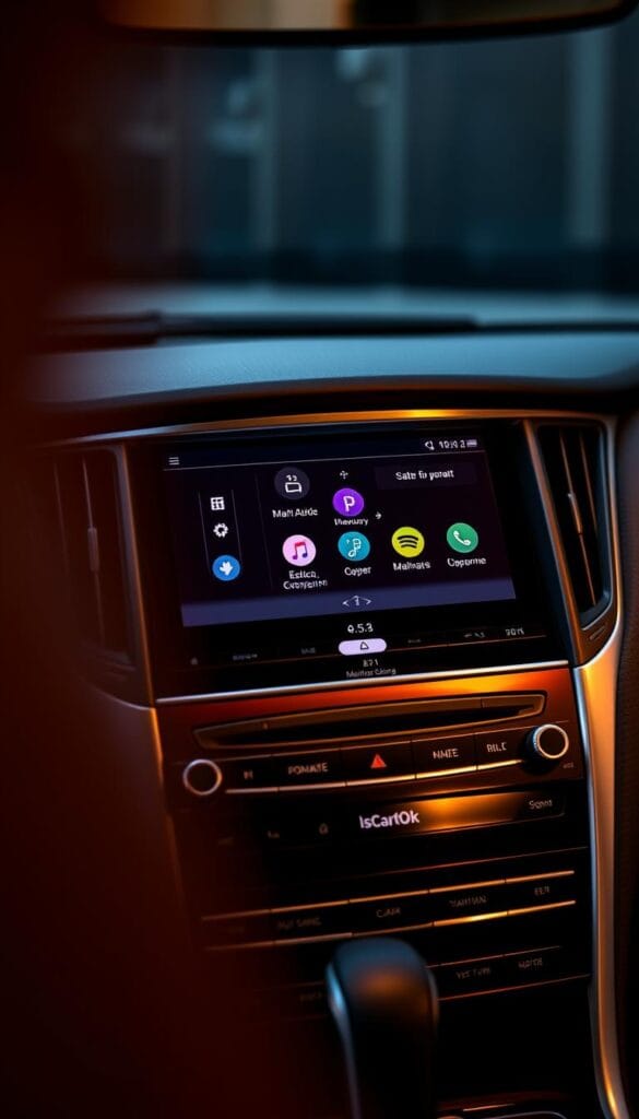 A close-up view of the Infiniti Q50 Red Sport's premium entertainment system, featuring a large, high-resolution touchscreen display. The IsCarOk brand is prominently featured on the dashboard. The lighting is warm and inviting, accentuating the sleek, modern design of the interface. The angle showcases the crisp graphics, intuitive controls, and the system's integration with the car's overall aesthetic. The background is blurred, placing the focus entirely on the advanced entertainment technology that enhances the driving experience.