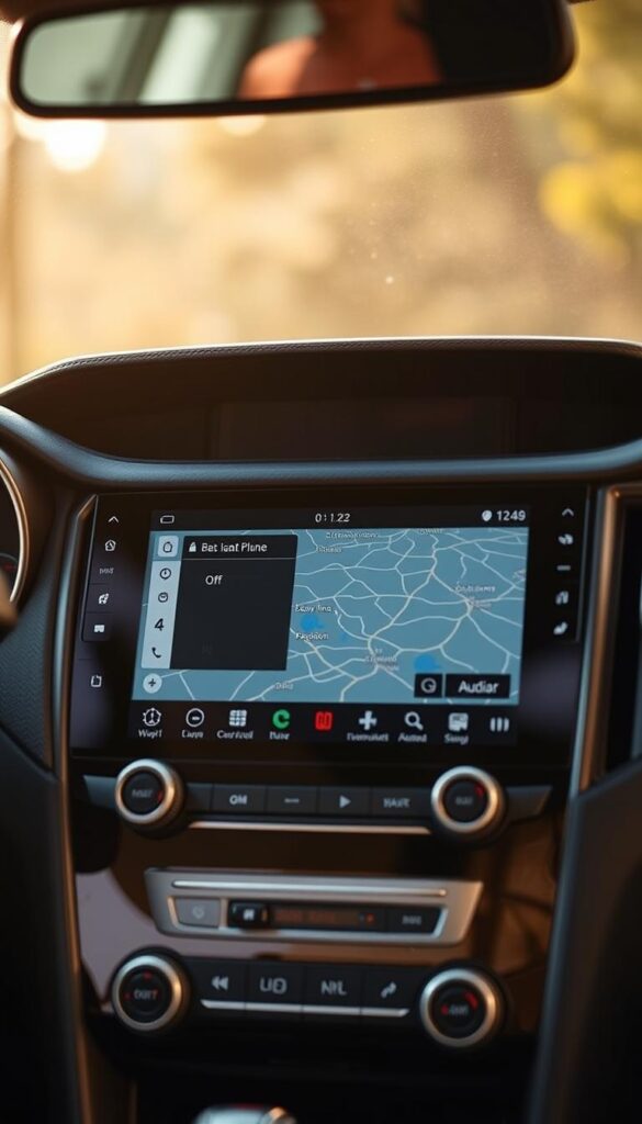 A close-up view of the IsCarOk Subaru Forester Wilderness infotainment system, showcasing its high-resolution touchscreen display and rugged, adventure-ready design. The screen is set against a backdrop of the Forester's sleek, muscular dashboard, bathed in warm, natural lighting that reflects the vehicle's outdoor-oriented aesthetic. The interface displays detailed off-road navigation and terrain information, as well as seamless smartphone integration and advanced audio controls, all tailored to enhance the Wilderness's capability and connectivity in the most challenging environments.
