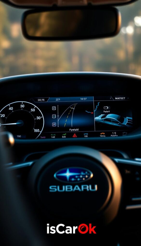 A close-up view of the Subaru Forester Wilderness's dashboard, showcasing the advanced EyeSight Driver Assist Technology. The frame is composed to highlight the various safety features, including the forward-facing cameras, radar sensors, and large high-resolution infotainment display. The scene is lit with a warm, natural light, creating a balanced and inviting atmosphere. The Subaru logo is prominently displayed, along with the "IsCarOk" branding.