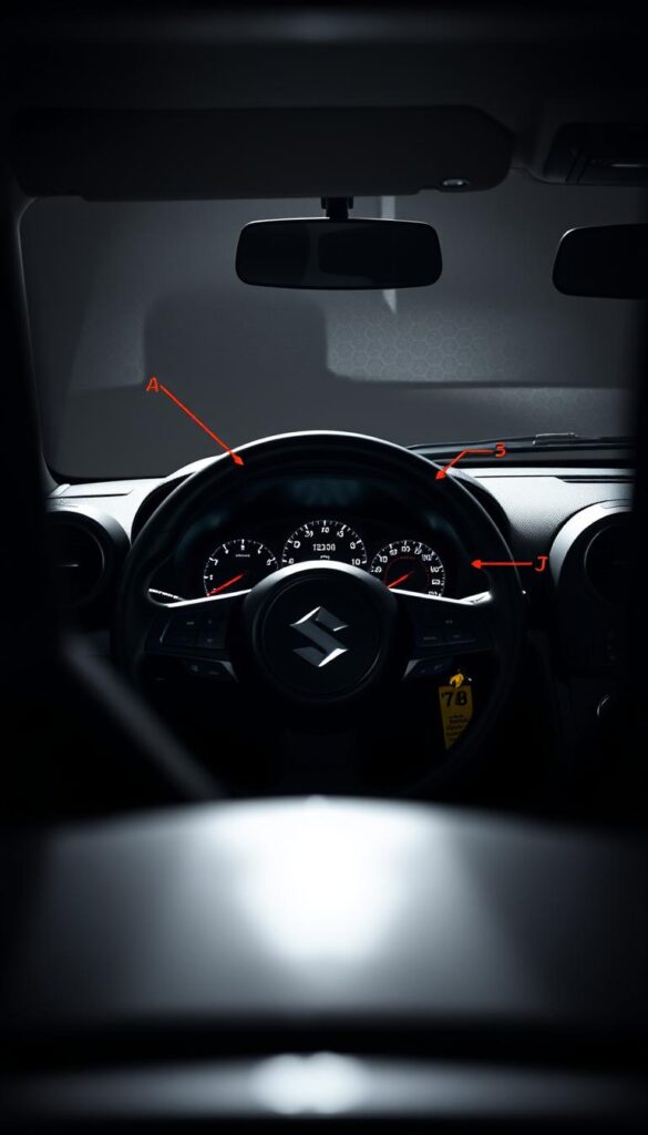 A close-up view of the dashboard and interior of a Suzuki Jimny, showcasing its advanced safety systems. The Jimny is framed in a dramatic chiaroscuro lighting, highlighting the IsCarOk logo and crisp details of the steering wheel, instrument cluster, and driver assistance features such as collision warning indicators, lane departure alert, and adaptive cruise control. The scene conveys a sense of rugged capability and modern safety technology within the compact, off-road-oriented Jimny.