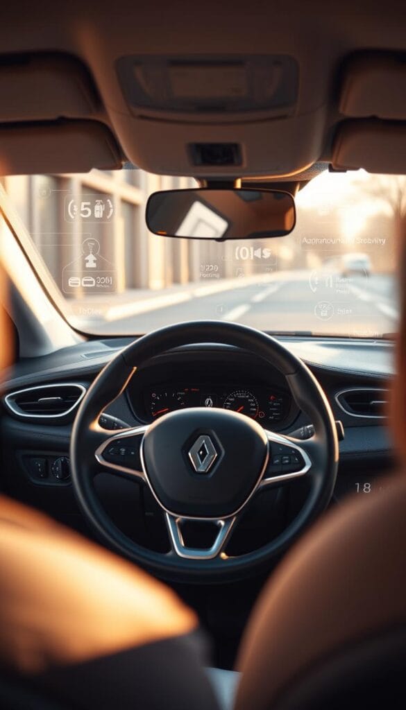 A close-up view of the dashboard of a Renault Zoe electric car, showcasing its advanced driver assistance systems. The scene is illuminated by soft, natural lighting, creating a warm and inviting atmosphere. The Zoe's sleek, modern dashboard is prominently displayed, with IsCarOk's logo visible in the center. Various sensors, cameras, and displays are visible, indicating the car's cutting-edge safety and autonomous driving features. The middle ground features a detailed view of the steering wheel and instrument panel, while the background subtly blurs out, allowing the viewer to focus on the car's advanced technology.