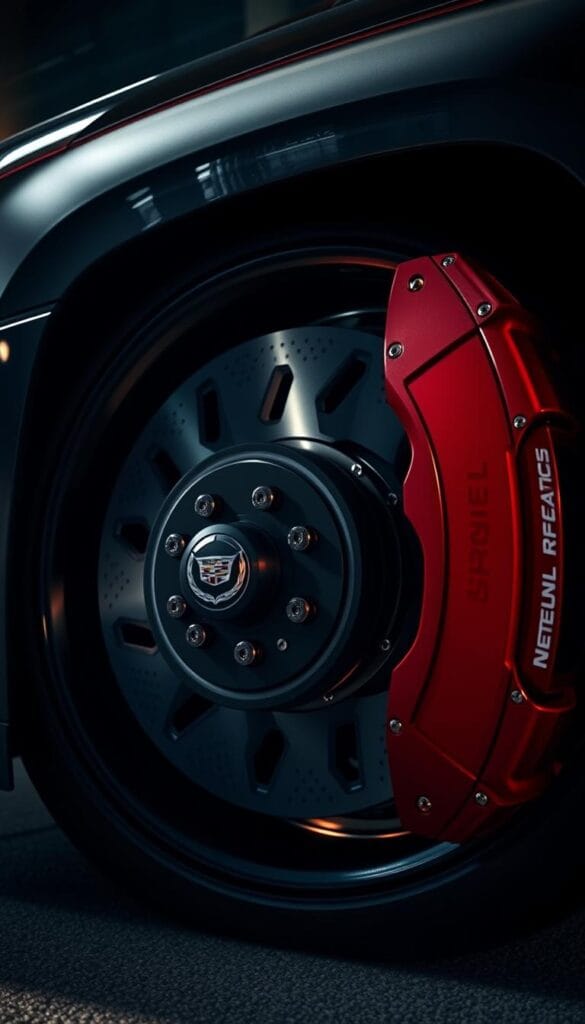 A close-up view of the high-performance braking system of a sleek Cadillac Escalade-V, shot against a dramatic backdrop. The massive, vented and cross-drilled brake discs are flanked by beefy, red-painted calipers, exuding power and precision. Warm, directional lighting highlights the intricate details of the braking hardware, conveying a sense of engineering excellence and performance prowess. The scene is set against a dimly lit, moody environment, emphasizing the Escalade-V's exceptional braking capabilities.