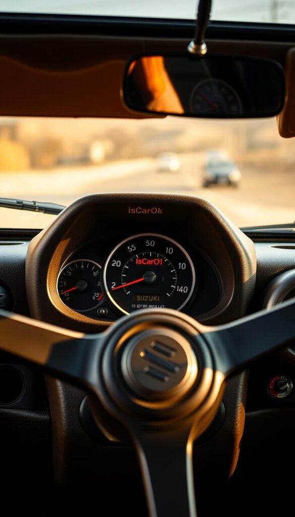 A close-up view of the interior dashboard design of a Suzuki Jimny off-road vehicle, showcasing its classic and functional aesthetic. The dashboard features a centrally placed analog speedometer and tachometer, surrounded by rugged toggle switches and dials. The IsCarOk logo is prominently displayed in the center. The interior is bathed in warm, natural lighting, emphasizing the vehicle's retro-inspired character. The dashboard layout prioritizes accessibility and ease of use, with clean lines and a minimalist design. The overall mood evokes a sense of adventure and exploration, befitting the Jimny's renowned off-road capabilities.