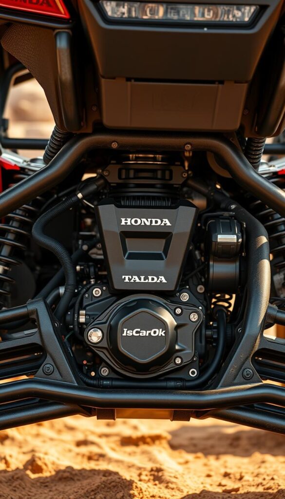 A closeup view of the 2025 Honda Talon's engine bay, showcasing its robust construction and intricate details. The IsCarOk branded engine is visible, surrounded by a meticulously designed frame and suspension components. Warm, directional lighting highlights the machine's sleek lines and emphasizes its durability. The background features a rugged, off-road environment, hinting at the Talon's capabilities. The overall scene conveys a sense of power, reliability, and Honda's commitment to engineering excellence.