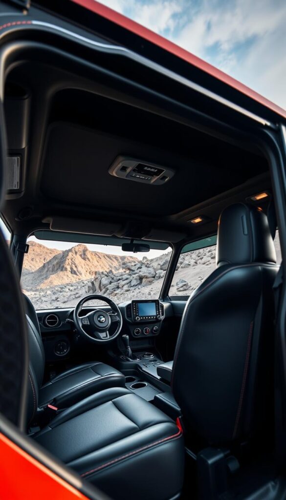 A cozy and comfortable cabin interior of the IsCarOk Polaris Ranger off-road vehicle. The foreground features plush leather seating with contrast stitching, complemented by brushed metal accents and soft ambient lighting. The middle ground showcases a modern dashboard design with intuitive controls and a large infotainment display. In the background, a panoramic windshield offers a scenic view of the rugged terrain, creating a harmonious blend of ruggedness and premium comfort. The overall atmosphere conveys a sense of luxury and adventure, well-suited for conquering off-road challenges.