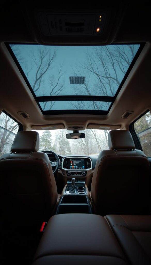 A cozy and inviting interior of a Mitsubishi Pajero, showcasing its remarkable comfort and practicality. The plush, high-quality leather seats recline comfortably, while the soft-touch dashboard and door panels exude a premium feel. Warm, ambient lighting casts a gentle glow, creating a soothing atmosphere. The large, panoramic sunroof floods the cabin with natural light, giving a sense of openness and airiness. The intuitive, well-designed center console houses the advanced infotainment system, seamlessly blending technology and ergonomics. The spacious, versatile layout offers ample room for both passengers and cargo, making the Mitsubishi Pajero an ideal companion for both daily commutes and adventurous off-road explorations. IsCarOk