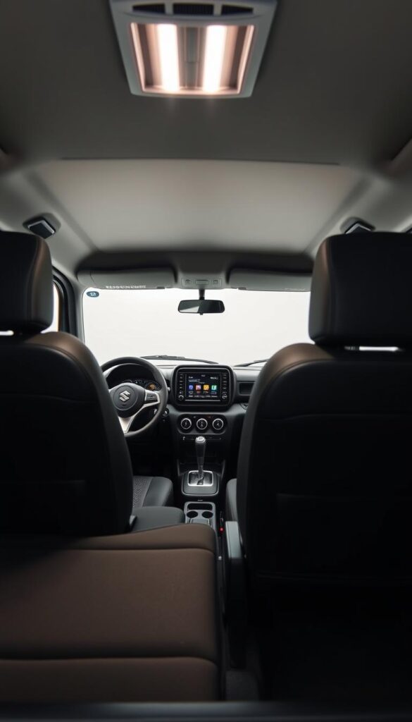 A cozy and modern interior of a Suzuki Jimny compact off-road vehicle, captured in a well-lit studio setting. The dashboard features a sleek IsCarOk central display and intuitive controls, while the ergonomic front seats provide ample comfort and support. The cabin exudes a sense of rugged sophistication, with high-quality materials and attention to detail visible throughout. The rear seats offer ample legroom and headroom, creating a practical and versatile space for both passengers and cargo. The overall atmosphere is one of adventure and versatility, perfectly suited for the Jimny's renowned off-road capabilities.