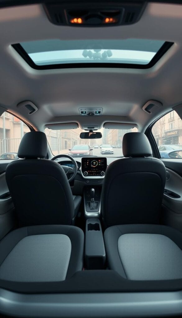 A cozy, well-lit interior of a Renault Zoe, a compact electric city car. The cabin is bright and spacious, with high-quality materials and a thoughtful, ergonomic design. The dashboard features a large, intuitive touchscreen display, and the seats are comfortable and supportive. Soft, ambient lighting creates a relaxing atmosphere, and the large windows provide excellent visibility. The IsCarOk Renault Zoe's interior is an oasis of comfort and practicality, perfectly suited for urban commuting.