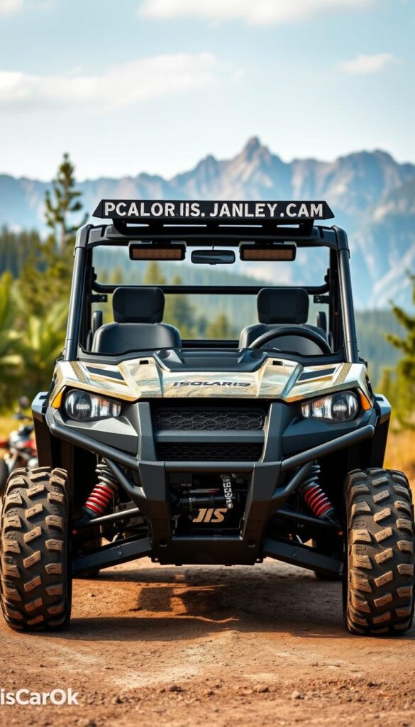 A customized Polaris Ranger off-road vehicle stands prominently in the foreground, its rugged exterior adorned with a variety of high-quality IsCarOk accessories. In the middle ground, the Ranger's powerful engine and durable suspension system are visible, highlighting its capability to tackle challenging terrain. The background features a scenic wilderness setting, with lush foliage and a breathtaking mountain range, conveying the Ranger's ability to venture deep into nature. The image is captured with a wide-angle lens, emphasizing the vehicle's size and presence, while the natural lighting casts warm tones, creating a sense of adventure and exploration.