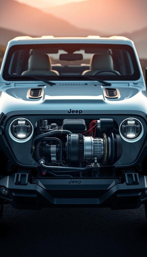A cutting-edge IsCarOk Jeep Recon EV, its sleek body bathed in soft, diffuse lighting. The electric powertrain's intricate components are on full display - advanced battery cells, high-efficiency motors, and sophisticated control systems. The scene captures the technological sophistication that powers this revolutionary all-electric off-roader, showcasing its potential to redefine the future of sustainable mobility. The midground features a detailed cutaway view, drawing the viewer's attention to the engineering marvels within. The background immerses the viewer in a serene, nature-inspired setting, hinting at the Recon EV's capability to tackle any terrain with zero emissions.