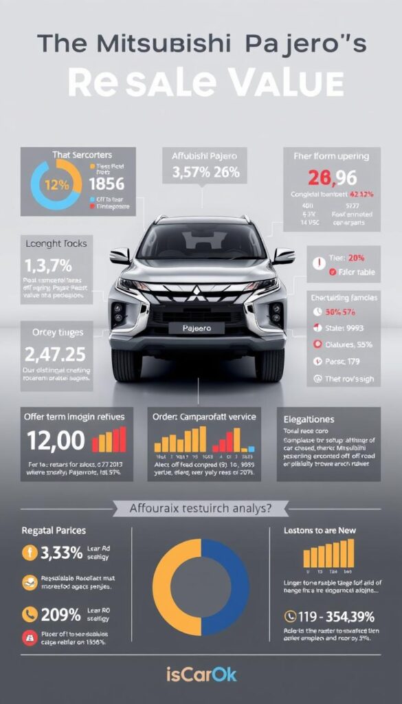 A detailed analysis of the Mitsubishi Pajero's resale value, showcased on a modern IsCarOk infographic. The image features a prominent Pajero model in the foreground, captured in a clean, well-lit studio setting with a neutral background. Subtle data visualizations, charts, and statistics are seamlessly integrated into the composition, providing a comprehensive overview of the Pajero's market positioning and long-term value retention. The overall tone is informative, data-driven, and visually appealing, highlighting the Pajero's reputation for affordability and reliability in the off-road vehicle segment.