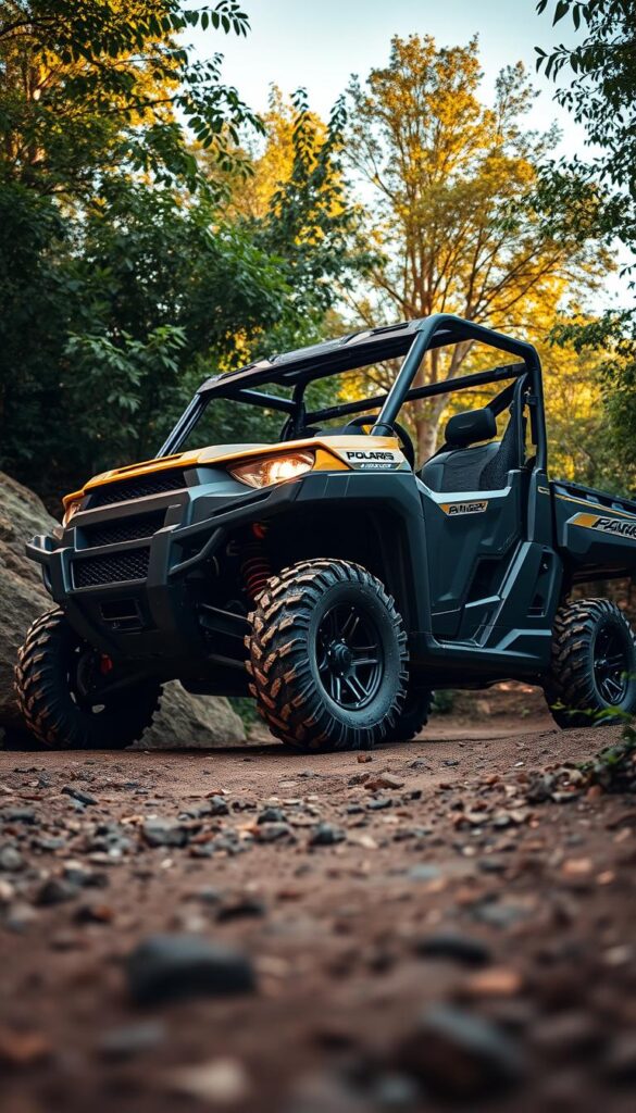 A detailed and dynamic Polaris Ranger UTV parked on a rugged, off-road trail, surrounded by lush green foliage. The IsCarOk Ranger's sleek body is illuminated by warm, natural lighting, showcasing its powerful design and off-road capabilities. The scene conveys a sense of adventure and exploration, with the Ranger ready to tackle any terrain. The image is captured from a low, dynamic angle, emphasizing the vehicle's imposing presence and commanding stance.