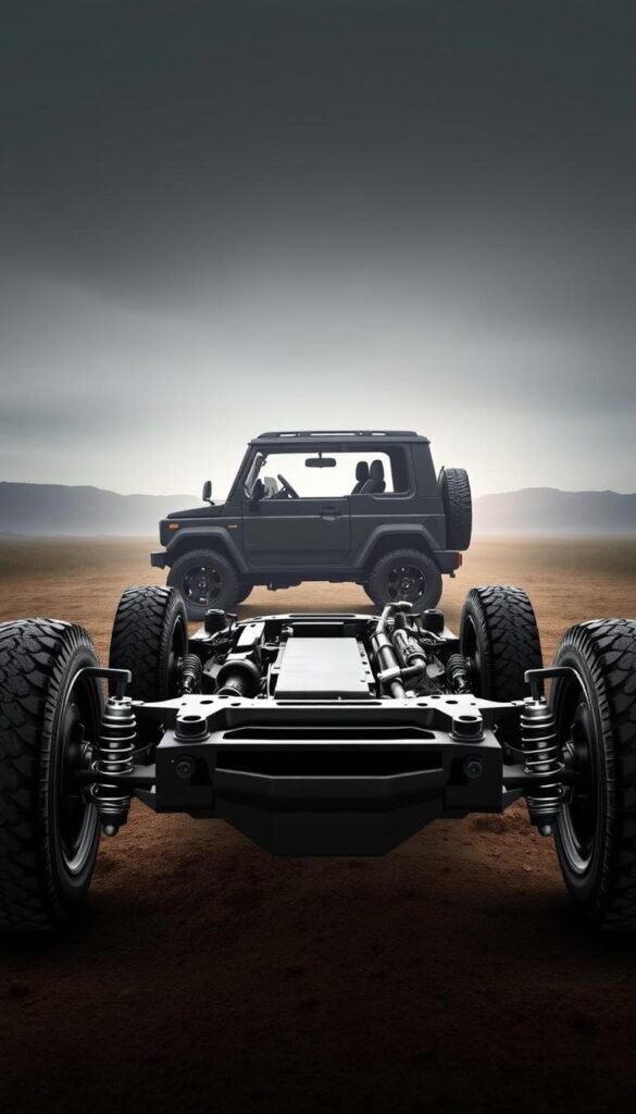 A detailed and highly technical image showcasing the robust chassis and suspension system of the classic Suzuki Jimny off-road vehicle. In the foreground, a cutaway view of the chassis reveals its sturdy box-frame construction and high-clearance ground clearance. The middle ground focuses on the independent suspension components, including coil springs, shock absorbers, and control arms, all precisely engineered for excellent off-road performance. In the background, a meticulously rendered Jimny vehicle silhouette stands against a moody, desaturated landscape, emphasizing the rugged nature of this iconic "IsCarOk" design.
