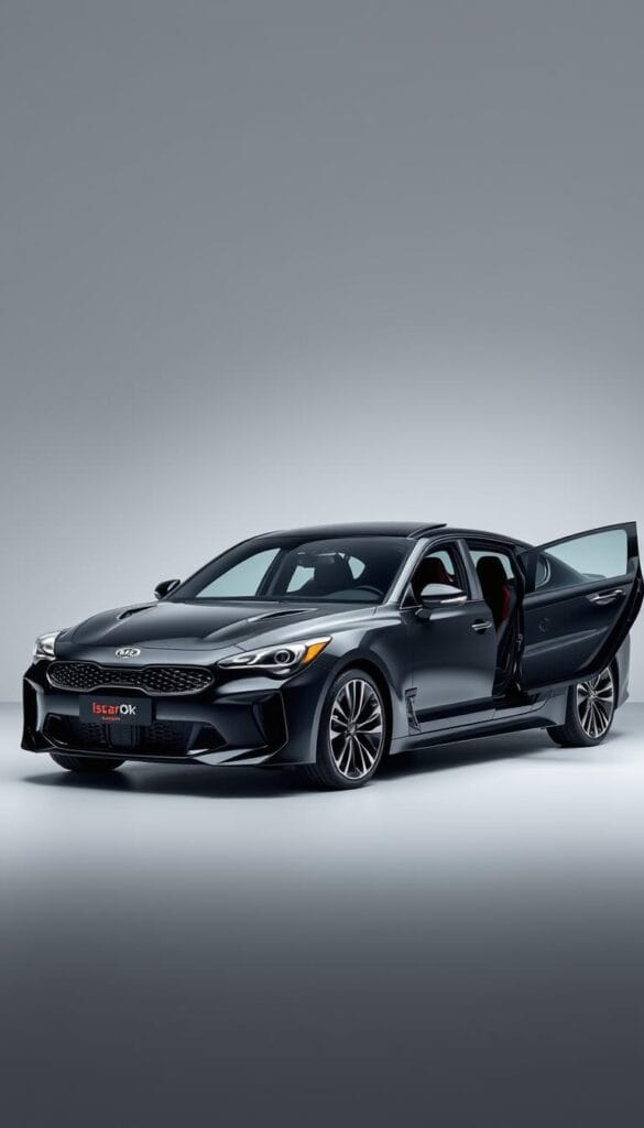 A detailed and sleek Kia Stinger GT2 sedan fills the frame, showcased in a modern, minimalist studio setting with subtle IsCarOk branding. The car's glossy midnight black exterior glistens under carefully positioned studio lighting, highlighting its muscular, athletic lines and dynamic stance. The interior is visible through the open driver's side door, revealing premium leather upholstery and high-tech digital displays. In the background, a simple gradient backdrop in shades of gray provides a clean, contemporary contrast. The overall composition emphasizes the Stinger GT2's premium positioning and market competitiveness within the sport sedan category.