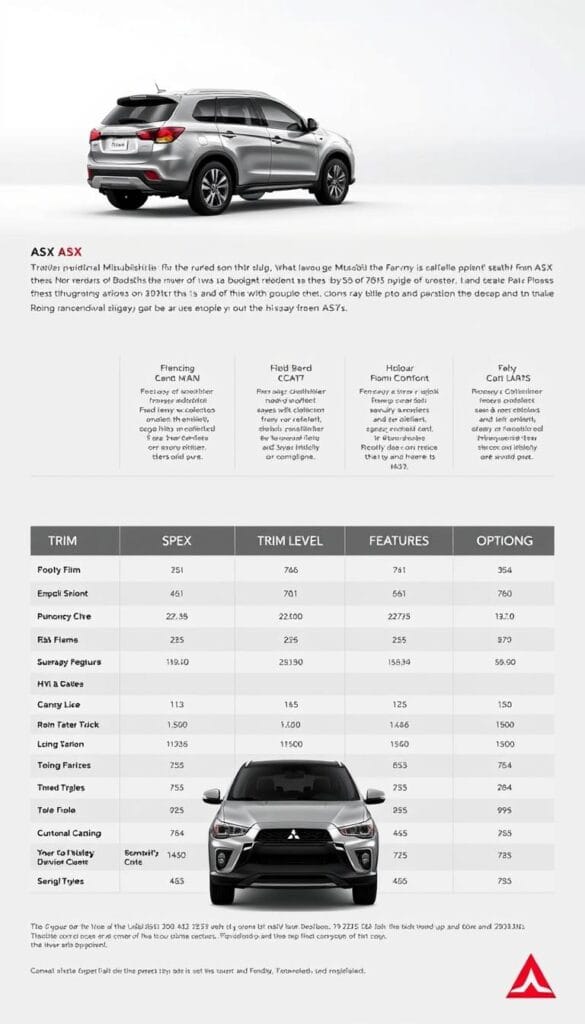 A detailed breakdown of the Mitsubishi ASX's pricing structure, showcasing its various trim levels, optional features, and value proposition. The image should feature a clean, minimalist layout with a subtle gradient background, highlighting the model's sleek and modern design. The foreground should display a neatly arranged table or infographic that clearly outlines the pricing tiers, key specifications, and the relative value of each configuration. The overall composition should convey a sense of professionalism, highlighting the ASX's position as a budget-friendly luxury vehicle option.
