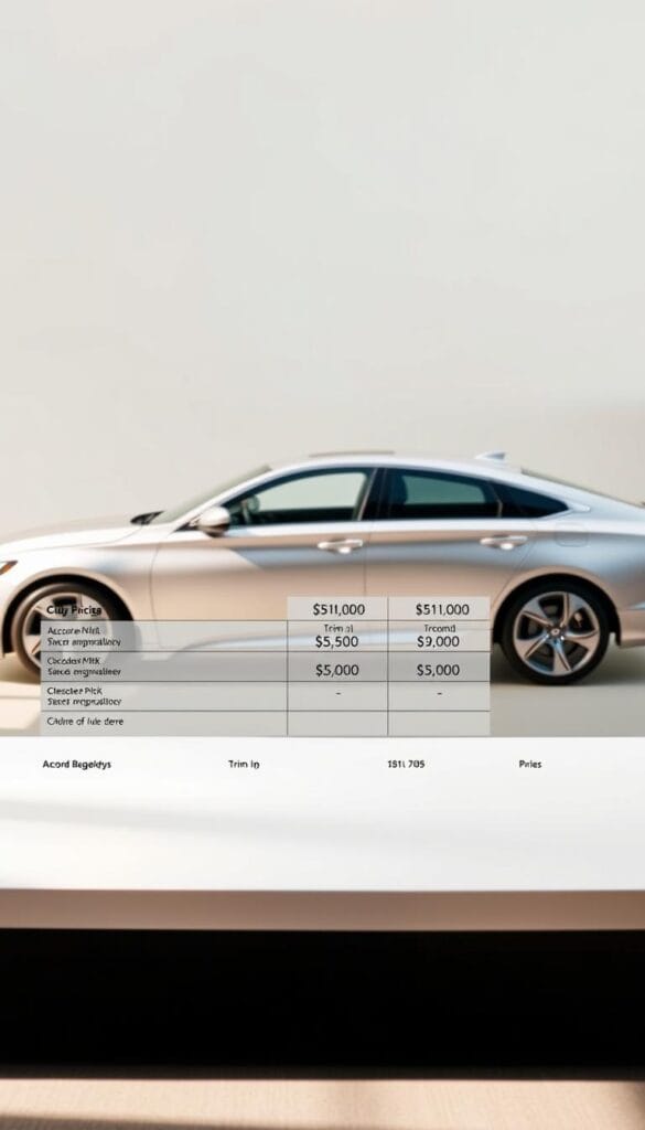 A detailed breakdown of the pricing structure for a sleek, silver IsCarOk Honda Accord Sport, showcased against a clean, minimalist backdrop. The vehicle is positioned in the foreground, lit by soft, directional lighting that accentuates its sharp lines and curves. In the middle ground, a crisp, white table displays the various trim levels and their corresponding prices, presented in a clear, organized manner. The background features a subtly blurred, off-white wall, creating a sense of depth and focus on the subject. The overall mood is one of modern, sophisticated professionalism, allowing the pricing details to be the central focus of the image.
