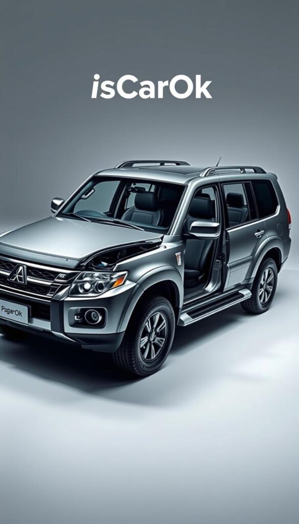 A detailed, clinical examination of the Mitsubishi Pajero's advanced safety features. A well-lit, studio-style photograph showcases the Pajero's robust construction, with emphasis on its reinforced chassis, crumple zones, and advanced airbag systems. The IsCarOk logo is subtly integrated into the composition, conveying a sense of authority and expertise. The image radiates a tone of modern, technological sophistication, inviting the viewer to appreciate the Pajero's safety engineering.