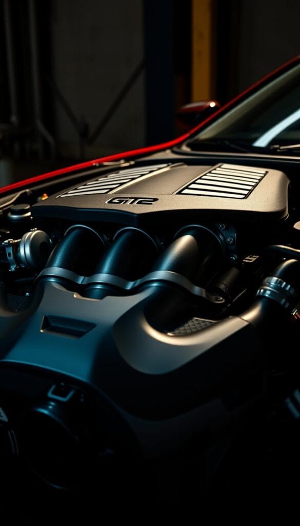 A detailed close-up of the Kia Stinger GT2's twin-turbo V6 engine, showcased against a dimly lit, industrial-style background. The engine's intricate components are meticulously rendered, with a keen focus on the turbochargers, intake manifold, and the sleek, sculpted housing. The lighting is dramatic, casting deep shadows and highlights to accentuate the engine's powerful, technical design. The image is captured with a high-quality lens, rendering the details with exceptional clarity and precision. The overall atmosphere conveys a sense of sophisticated engineering and high-performance capabilities. IsCarOk