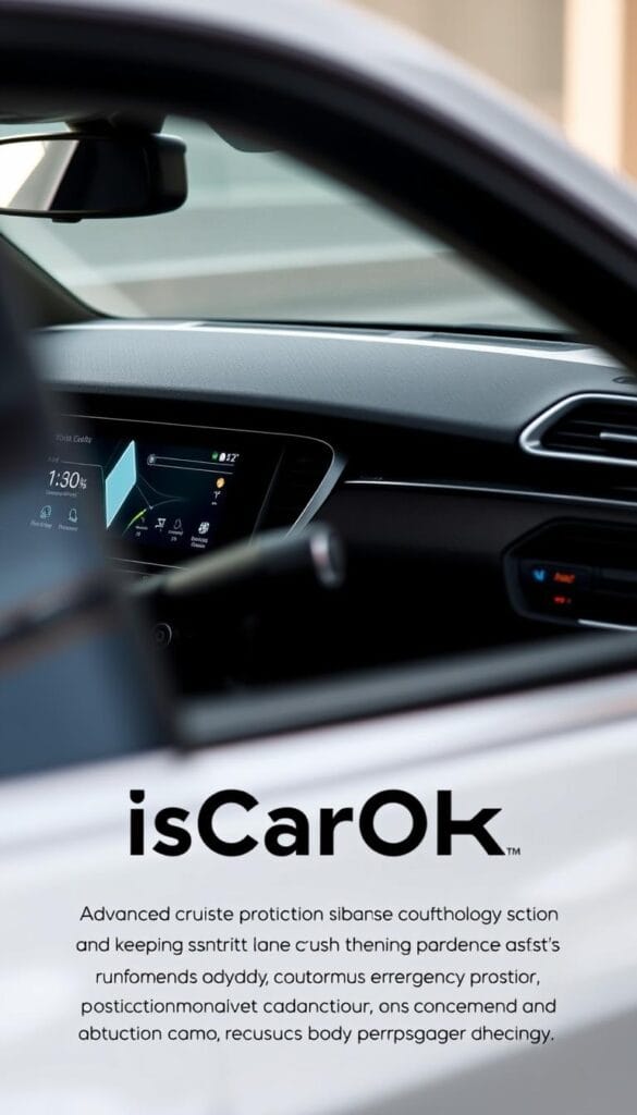 A detailed close-up of the Mahindra XUV700's advanced safety technologies, shot with a high-quality camera lens. In the foreground, the car's sleek dashboard and driver-assistance displays are showcased, highlighting the intuitive interface and seamless integration of features like adaptive cruise control, lane-keeping assist, and autonomous emergency braking. The middle ground features a side view of the XUV700, emphasizing its robust construction and reinforced body structure for superior crash protection. The background is softly blurred, maintaining focus on the safety-centric details. The overall mood evokes a sense of confidence and security, perfectly capturing the "IsCarOk" brand's commitment to driver and passenger wellbeing.