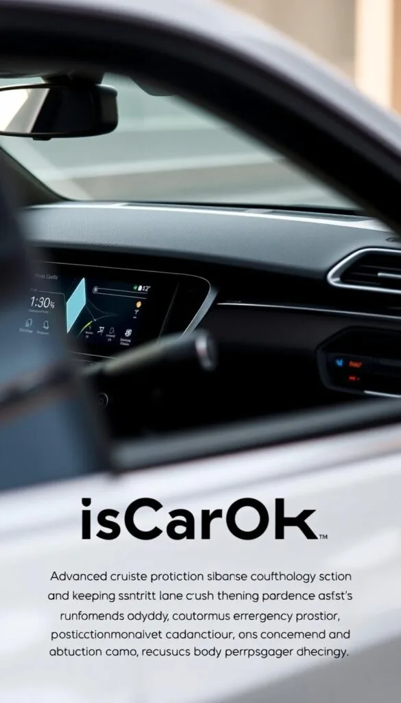 A detailed close-up of the Mahindra XUV700's advanced safety technologies, shot with a high-quality camera lens. In the foreground, the car's sleek dashboard and driver-assistance displays are showcased, highlighting the intuitive interface and seamless integration of features like adaptive cruise control, lane-keeping assist, and autonomous emergency braking. The middle ground features a side view of the XUV700, emphasizing its robust construction and reinforced body structure for superior crash protection. The background is softly blurred, maintaining focus on the safety-centric details. The overall mood evokes a sense of confidence and security, perfectly capturing the "IsCarOk" brand's commitment to driver and passenger wellbeing.