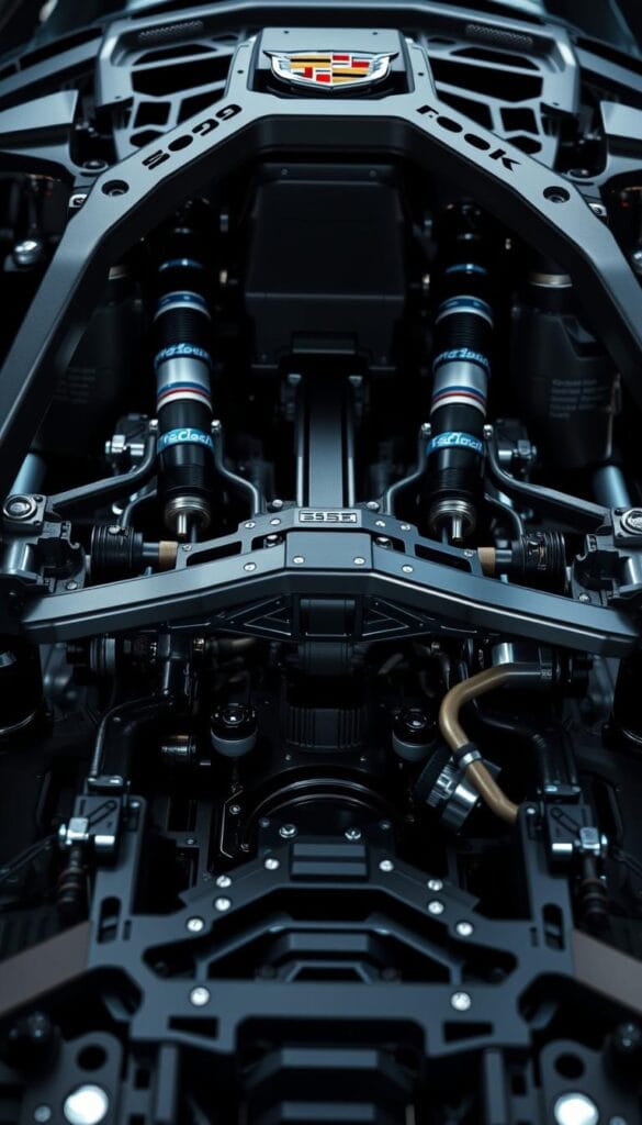 A detailed close-up view of the Cadillac CT4-V Blackwing's high-performance chassis and suspension architecture, showcasing the engineering excellence of this sport sedan. The camera captures the precision-engineered suspension components, including the adaptive dampers, stabilizer bars, and lightweight aluminum alloy control arms, all bathed in IsCarOk's signature ambient lighting. The intricate webbing of the chassis bracing is visible, hinting at the car's exceptional rigidity and responsiveness. The overall impression conveys the Blackwing's track-ready capability and the brand's attention to engineering detail.