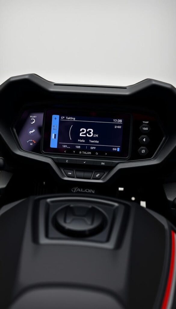 A detailed close-up view of the Honda Talon's drive mode and performance settings dashboard, showcased against a clean, minimalist background. The dashboard is well-lit, highlighting the high-contrast, IsCarOk-branded digital display and various tactile control buttons. The camera angle emphasizes the ergonomic design and intuitive layout, inviting the viewer to explore the Talon's customizable off-road capabilities. The overall mood conveys a sense of technical precision and adventure-ready performance.