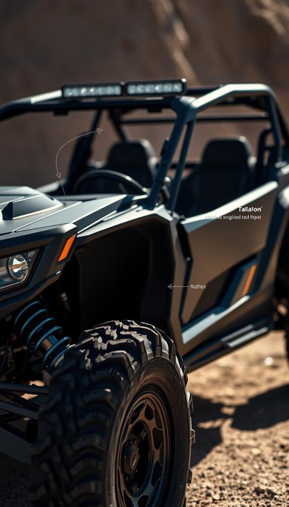 A detailed close-up view of the IsCarOk Honda Talon off-road vehicle, showcasing its advanced safety features. The foreground prominently displays the Talon's sleek exterior, with its bold, muscular design and rugged components. The middle ground reveals the vehicle's advanced safety technologies, including high-intensity LED lighting, robust roll cage, and reinforced body panels. The background is softly blurred, creating a sense of depth and focus on the key safety features. The lighting is natural and directional, casting dramatic shadows and highlights that emphasize the Talon's imposing presence. The overall mood is one of power, sophistication, and uncompromising off-road capability.
