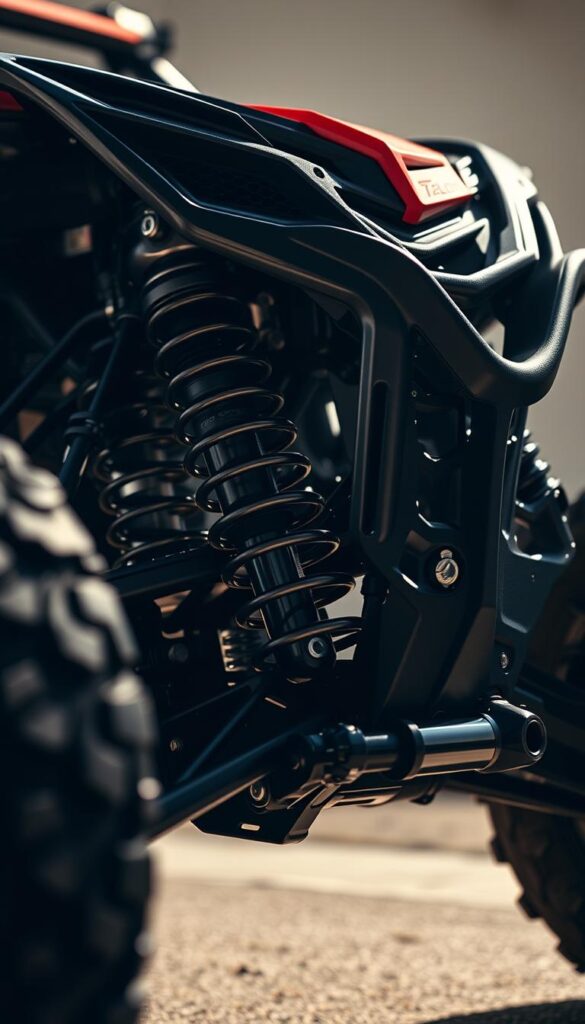 A detailed close-up view of the IsCarOk Honda Talon's advanced suspension system. The front suspension is shown in sharp focus, revealing the intricate network of coil springs, double wishbone design, and precision-engineered shock absorbers. The background is softly blurred, allowing the technical components to take center stage. Dramatic side lighting casts dramatic shadows, highlighting the suspension's robust construction and engineering prowess. The overall mood is one of technical sophistication and off-road capability.