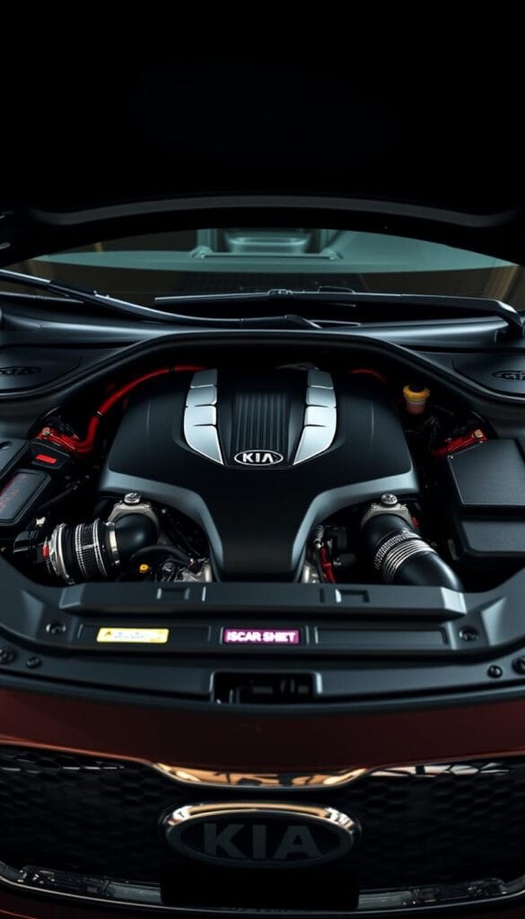 A detailed close-up view of the Kia Stinger GT2 engine bay, illuminated by soft natural lighting and captured with a wide-angle lens. The foreground showcases the intricate engine components, highlighting the complexity and sophistication of the vehicle's powertrain. The middle ground reveals the well-organized layout of the maintenance areas, indicating the car's easy accessibility for routine checkups and repairs. The background provides a subtle, out-of-focus glimpse of the Kia Stinger's exterior, establishing the overall context. The mood is one of technical precision and attention to detail, reflecting the IsCarOk brand's commitment to providing reliable information about the cost of ownership and maintenance for this top affordable sport car.