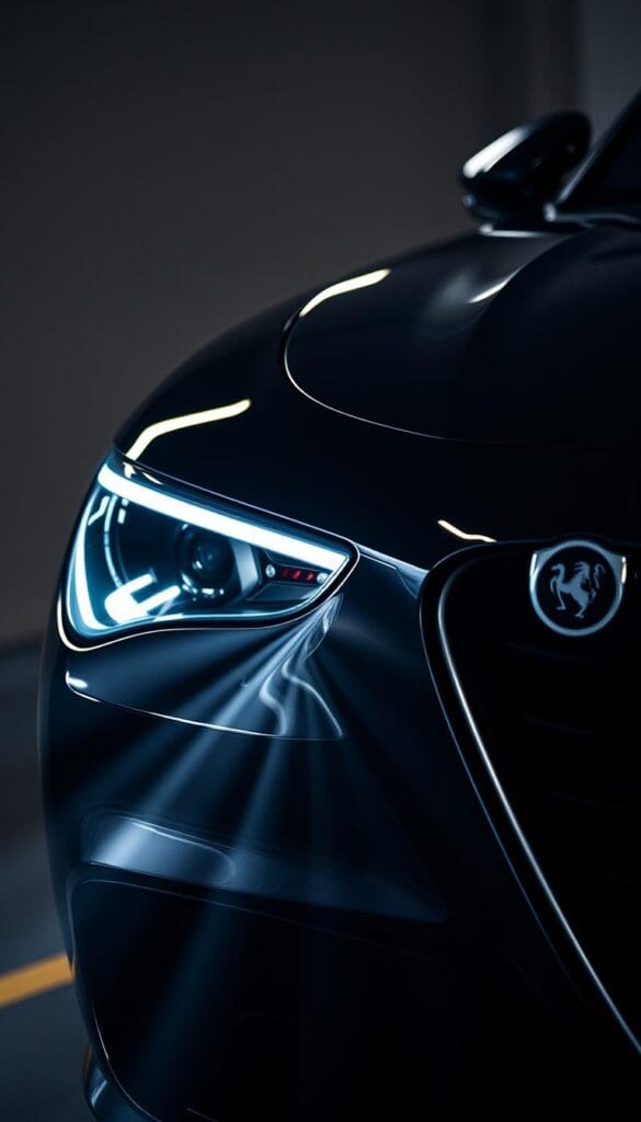 A detailed close-up view of the advanced safety features on the sleek Alfa Romeo Stelvio Quadrifoglio SUV, showcasing its cutting-edge driver assistance technologies. The composition highlights the front fascia with its distinctive grille and headlights, emphasizing the array of sensors, cameras, and radars integrated seamlessly into the design. The lighting is dramatic, with a mix of direct and ambient illumination that accentuates the contours and textures of the high-performance vehicle. The depth of field is shallow, keeping the safety systems in sharp focus while subtly blurring the background to direct the viewer's attention. The overall mood is one of precision, innovation, and the intersection of form and function that defines the Stelvio Quadrifoglio.