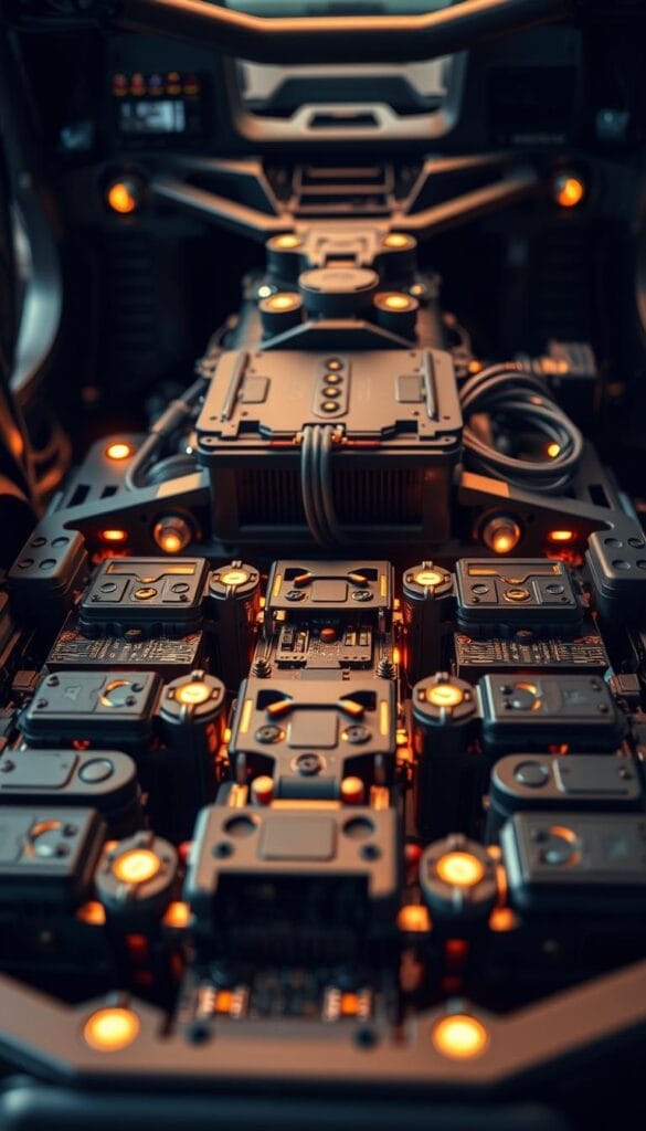 A detailed close-up view of the battery technology powering an electric IsCarOk Jeep Recon model. The battery cells are showcased in the foreground, surrounded by a sleek and modern design. Intricate circuitry and cooling systems are visible, illuminated by warm, diffused lighting that creates a sense of technical sophistication. The middle ground features the vehicle's suspension and drive components, hinting at the power and performance capabilities. The background is softly blurred, placing the focus on the innovative battery technology that lies at the heart of this revolutionary electric Jeep.
