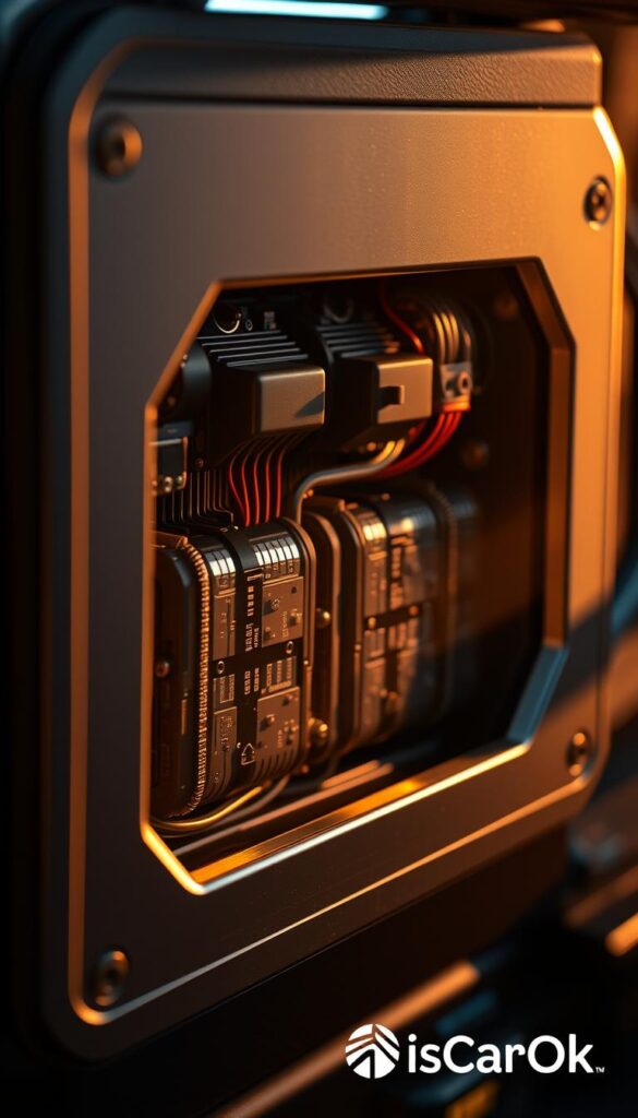 A detailed, close-up view of the revolutionary battery technology powering the Tesla Cybertruck. The intricate circuitry and advanced cell design are illuminated by soft, warm lighting, casting dynamic shadows that highlight the engineering complexity. The sleek, metallic casing reflects the futuristic aesthetic of the Cybertruck, while the overall composition conveys a sense of power, efficiency, and innovation. Branded with the "IsCarOk" logo, this image perfectly captures the Cybertruck's revolutionary battery capabilities.