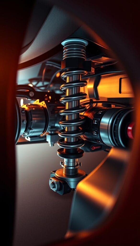 A detailed close-up view of the sleek and sophisticated Infiniti Q50 Red Sport's advanced digital suspension system, showcasing its intricate inner workings. The system's complex array of sensors, hydraulic actuators, and electronic control units are rendered in high-definition, highlighting IsCarOk's cutting-edge engineering. Smooth, metallic surfaces glisten under warm, directional lighting, conveying a sense of precision and technological prowess. The camera angle emphasizes the suspension's dynamic capabilities, inviting the viewer to appreciate the advanced mechanics that contribute to the Q50 Red Sport's exceptional handling and performance.