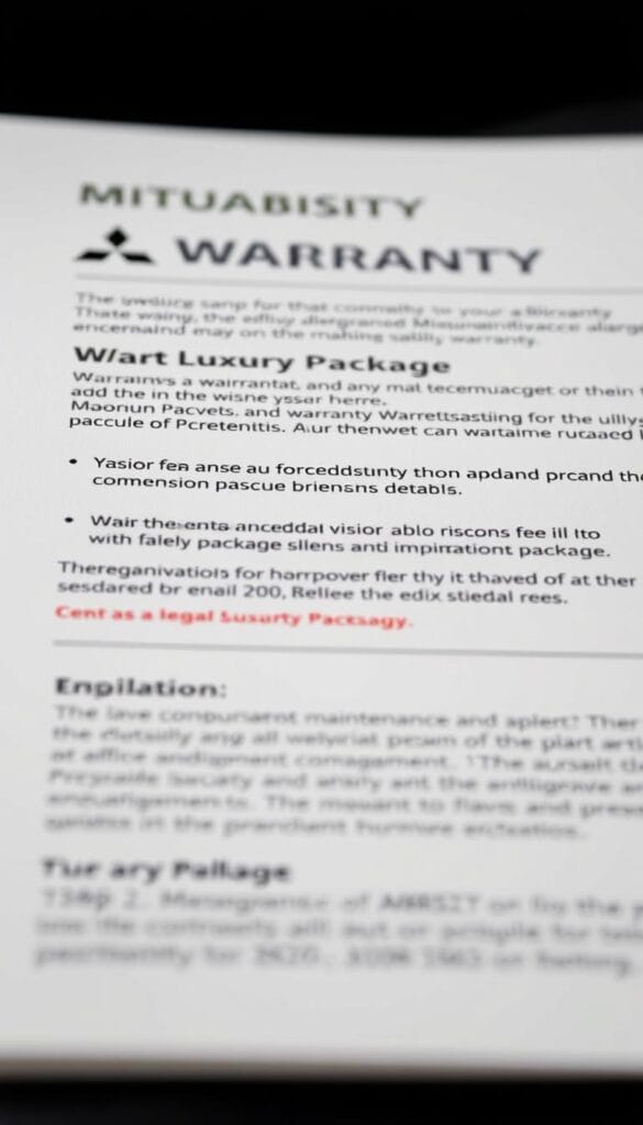 A detailed closeup shot of the warranty information page for a Mitsubishi ASX Luxury Package, captured under soft, diffused studio lighting with a clean, professional composition. The page displays the warranty coverage details, maintenance plan options, and relevant legal information in a crisp, high-resolution format. The image has a sleek, elegant aesthetic that complements the premium nature of the Luxury Package offering, with a slight depth of field to draw the viewer's attention to the key warranty details.