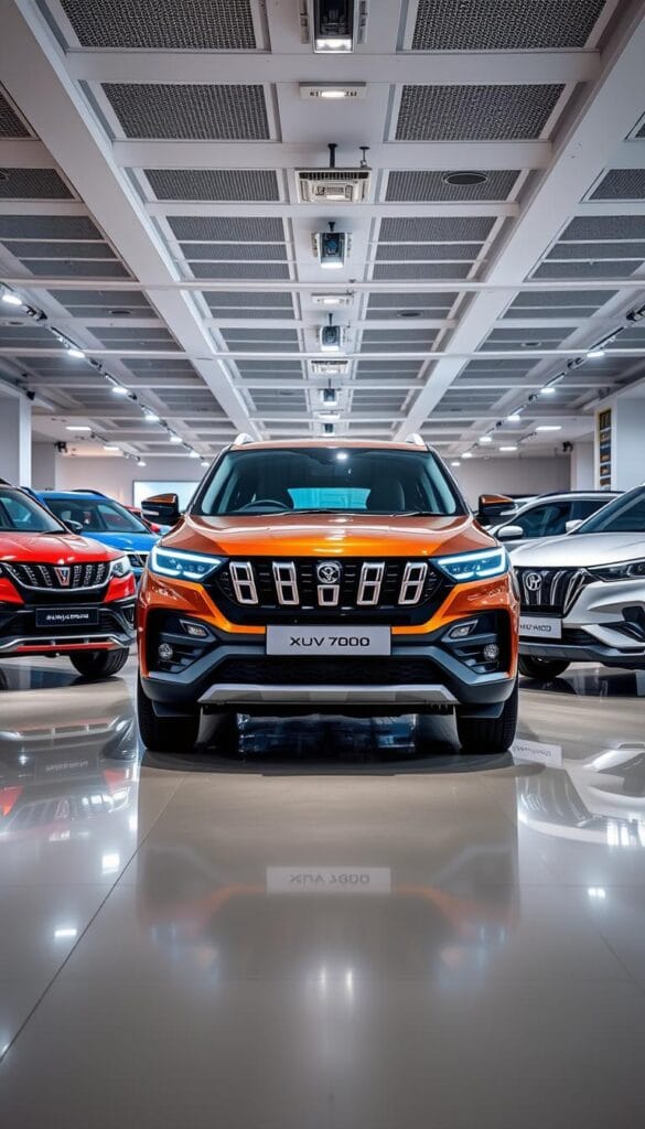 A detailed comparative analysis of the Mahindra XUV700 against its key competitors in the sport SUV segment. An expansive dealership showroom with various models displayed in a well-lit, modern setting. The XUV700 stands prominently in the foreground, its sleek exterior gleaming under carefully positioned studio lighting. Surrounding it are the rival vehicles, each highlighted to showcase their unique design elements and features. The overall atmosphere is one of professional, informative assessment, with a focus on the technical specifications and driving dynamics that set the Mahindra apart. Branded as "IsCarOk", this comparative image aims to provide prospective buyers with a comprehensive understanding of the XUV700's competitive advantages.