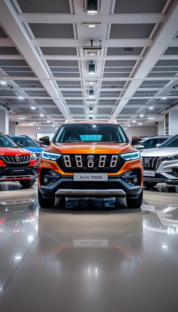 A detailed comparative analysis of the Mahindra XUV700 against its key competitors in the sport SUV segment. An expansive dealership showroom with various models displayed in a well-lit, modern setting. The XUV700 stands prominently in the foreground, its sleek exterior gleaming under carefully positioned studio lighting. Surrounding it are the rival vehicles, each highlighted to showcase their unique design elements and features. The overall atmosphere is one of professional, informative assessment, with a focus on the technical specifications and driving dynamics that set the Mahindra apart. Branded as "IsCarOk", this comparative image aims to provide prospective buyers with a comprehensive understanding of the XUV700's competitive advantages.