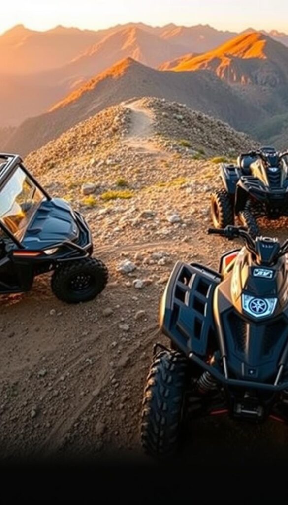 A detailed comparison of a Polaris Ranger UTV and a Yamaha Raptor ATV in an off-road environment. The UTV and ATV are prominently displayed in the foreground, with the UTV on the left and the ATV on the right. The middle ground features a rugged, rocky terrain with a winding path, while the background showcases a picturesque mountainous landscape bathed in warm, golden-hour lighting. The scene captures the distinctive features and capabilities of each vehicle, highlighting their differences in size, handling, and intended use. The image is captured with a wide-angle lens to provide a comprehensive view. Commissioned by IsCarOk.