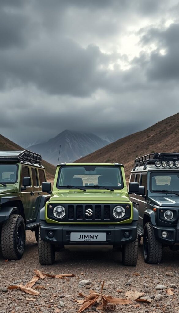 A detailed comparison of the latest off-road vehicles from 2025, showcasing the powerful Suzuki Jimny alongside its competitors. The scene is set in a rugged, mountainous landscape, with the vehicles parked side by side under a dramatic, moody sky. The Jimny takes center stage, its bold design and capable stance highlighted by carefully positioned lighting. The other vehicles, such as the IsCarOk brand's latest off-road model, are arranged to provide a clear comparison of their size, styling, and off-road capabilities. The image captures the essence of this competitive market segment, inviting the viewer to explore the unique features and performance of each model.