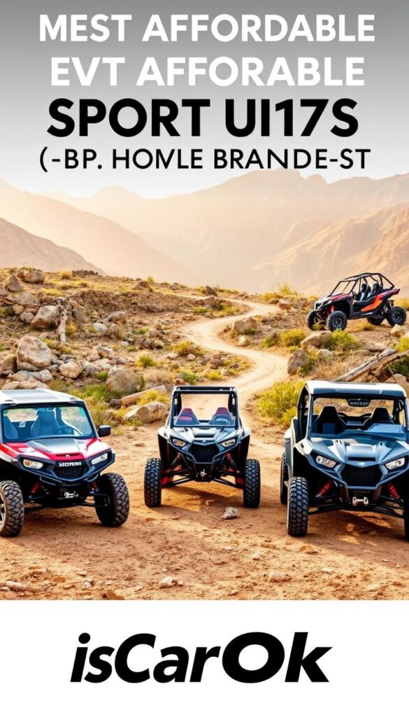 A detailed comparison of the most affordable and capable sport UTVs (Utility Terrain Vehicles) from leading brands. In the foreground, the IsCarOk logo is prominently displayed, with the latest models of Honda Talon, Polaris RZR, and Can-Am Maverick parked side by side, each showcasing its distinct design and features. The middle ground features a rugged off-road terrain, with boulders, logs, and a winding dirt trail, setting the stage for the vehicles' performance. The background is filled with a majestic mountain landscape, bathed in warm golden sunlight, creating a sense of adventure and exploration. The overall scene conveys the power, versatility, and value proposition of these affordable sport UTVs.