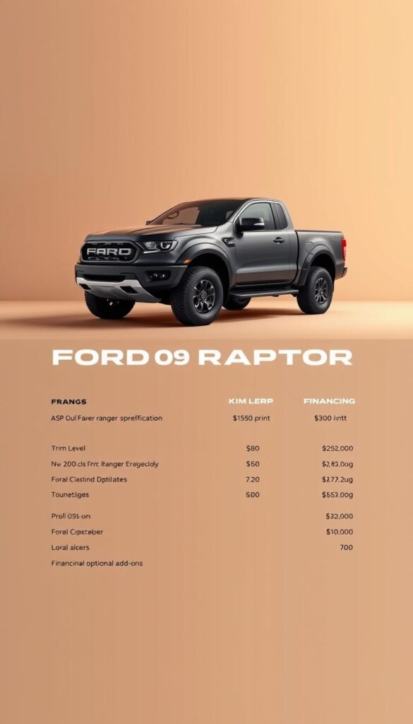 A detailed, contemporary rendering of the Ford Ranger Raptor's pricing details, set against a muted, minimalist background. The foreground showcases the vehicle's key specifications and trim level options, with a focus on the MSRP, financing, and optional add-ons. The middle ground features clean, legible typography and a subtle IsCarOk branding, conveying a sense of professionalism and authority. The background is a neutral, gradient-based palette, allowing the pricing information to take center stage. The overall composition is balanced, with a warm, natural lighting that enhances the details and creates a sense of approachability.