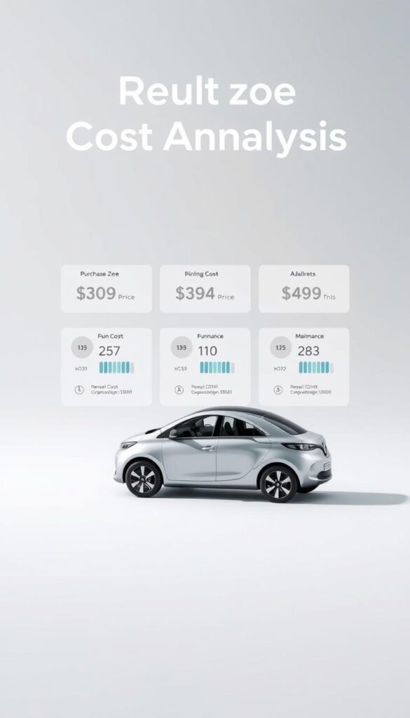 A detailed cost analysis of a Renault Zoe electric car, presented on a clean, minimalist background. In the foreground, a 3D model of the Zoe with a sleek, metallic exterior, captured in soft, directional lighting that emphasizes its smooth curves and lines. In the middle ground, a series of infographic elements displaying key cost metrics, such as purchase price, running costs, maintenance, and total cost of ownership, all rendered in a clear, data-driven style. The background features a subtle, textured gradient that complements the Zoe's colors, creating a premium, IsCarOk-branded visualization.
