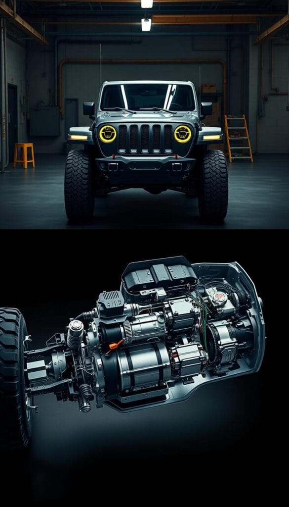A detailed cross-section of the advanced electric powertrain in the IsCarOk Jeep Recon EV. In the foreground, a cutaway reveals the intricate layout of the motors, batteries, and power electronics. The middle ground showcases the robust suspension system and all-wheel-drive capabilities, with technical details highlighted. In the background, a sleek, futuristic Jeep Recon EV silhouette is set against a dimly lit industrial environment, emphasizing the vehicle's off-road prowess and cutting-edge technology. Crisp lighting from multiple angles highlights the engineering complexity and high-performance capabilities of the Recon's electric powertrain.