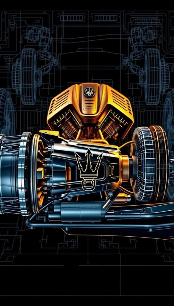 A detailed cross-section of the high-performance drivetrain of a Maserati Levante Trofeo, showcasing its advanced engineering. In the foreground, the8-speed ZF automatic transmission with intelligent all-wheel drive system is prominently displayed, its inner workings and gear mechanisms visible. In the middle ground, the powerful 3.8-liter twin-turbo V8 engine is depicted, its sculpted and aerodynamic form accentuated by warm, directional lighting. In the background, the robust rear differential and limited-slip functionality are revealed, highlighting the Levante's exceptional traction and handling capabilities. The entire scene is rendered with a technical, blueprint-like aesthetic, emphasizing the sophisticated engineering and design that powers Maserati's thrilling performance.