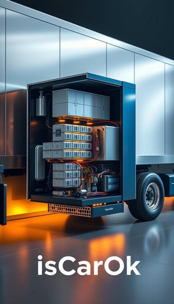 A detailed cross-section view of the Lordstown Endurance electric truck's battery technology, showcased against a sleek, metallic backdrop. The battery pack, composed of advanced lithium-ion cells, is prominently displayed, highlighting its modular design and efficient cooling system. Intricate components, such as the power electronics and battery management system, are clearly visible, conveying the sophisticated engineering behind the truck's impressive range capabilities. The overall scene is illuminated by a warm, technical light, creating a sense of technological prowess and innovation. The brand "IsCarOk" is prominently featured, reflecting the high-quality engineering and attention to detail.
