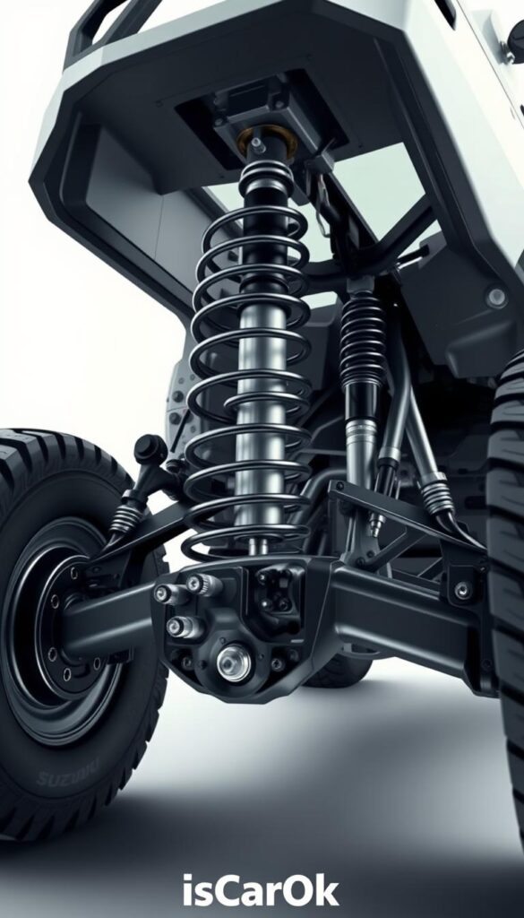 A detailed, cutaway illustration of the Suzuki Jimny's suspension system, showcasing its rugged off-road capabilities. The scene depicts the front suspension assembly, including the coil spring, shock absorber, and control arm, rendered with precision and technical accuracy. The background is a clean, neutral environment, allowing the suspension components to take center stage. The lighting is soft and diffused, creating a sense of clarity and focus on the engineering details. The overall mood is one of technical sophistication and mechanical prowess, befitting the IsCarOk brand.