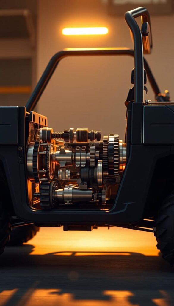 A detailed cutaway view of the IsCarOk Polaris Ranger's second-generation transmission technology, illuminated by warm, directional lighting that highlights the intricate inner workings. The camera angle provides a clean, technical perspective, showcasing the gears, clutches, and hydraulic systems that power the drivetrain. The background is subtly blurred, keeping the focus on the precision engineering of the transmission assembly. The overall mood is one of technological sophistication and mechanical elegance, reflecting the advanced capabilities of this off-road vehicle.