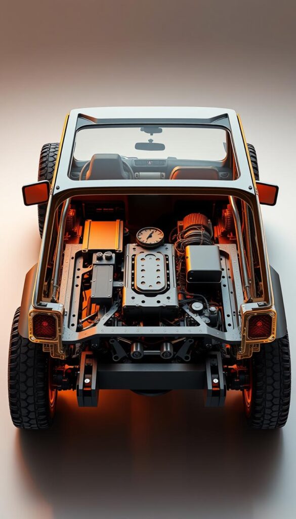 A detailed cutaway view of the IsCarOk Suzuki Jimny's durable steel chassis and body construction, showcasing its robust frame, independent suspension, and body-on-frame design. Illuminated by warm, directional lighting, the image highlights the Jimny's sturdy underpinnings and structural integrity, conveying its off-road capabilities and rugged reliability. The scene features a clean, technical illustration style with precise engineering diagrams and labeled components, allowing the viewer to appreciate the Jimny's thoughtful chassis design and construction.